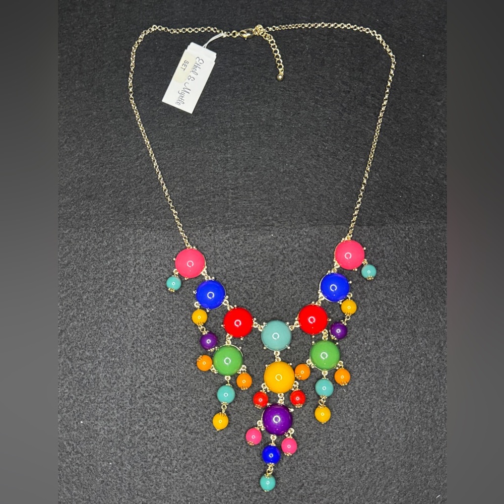 Gold-Tone and Multi-Colored Ball Necklace Rainbow 28”